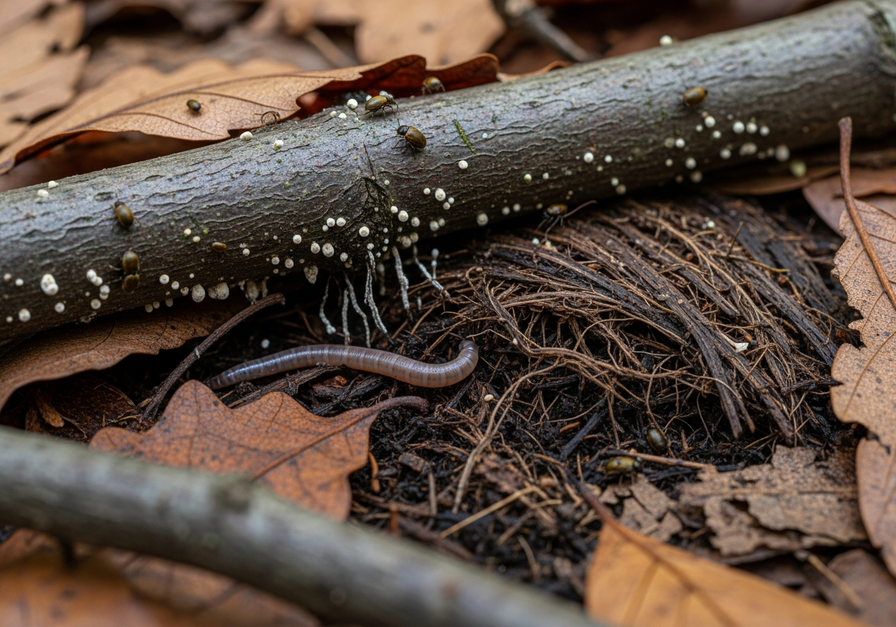 Macro close-up of a forest floor with decomposing leaves, fungi, and an earthworm, illustrating terrestrial detritus.