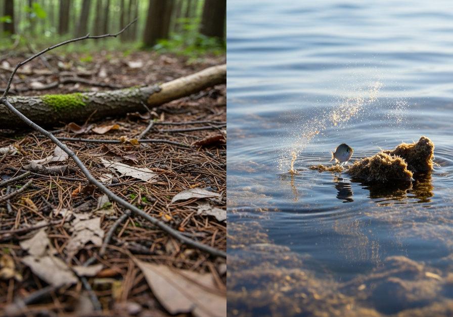 Split-screen image showing a forest floor on the left and a shallow marine setting with marine snow on the right, demonstrating detritus across ecosystems.