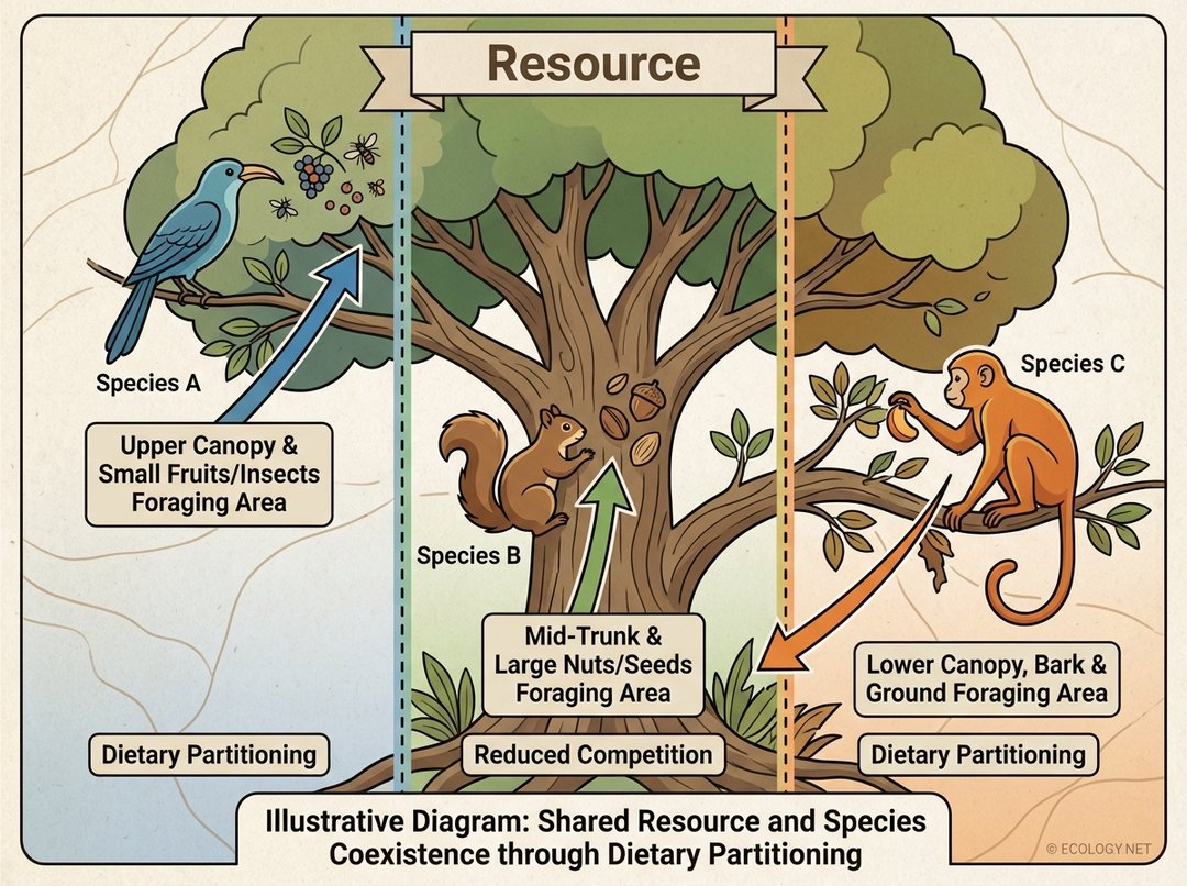 An illustrative diagram showing how different species partition a shared resource to reduce competition, with distinct foraging zones for each species.