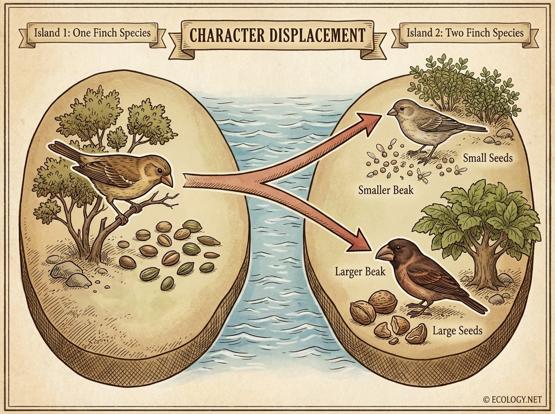 An illustrative diagram showing character displacement in finches, with a single finch species on one island and two distinct finch species with specialized beak sizes for different seeds on another island.