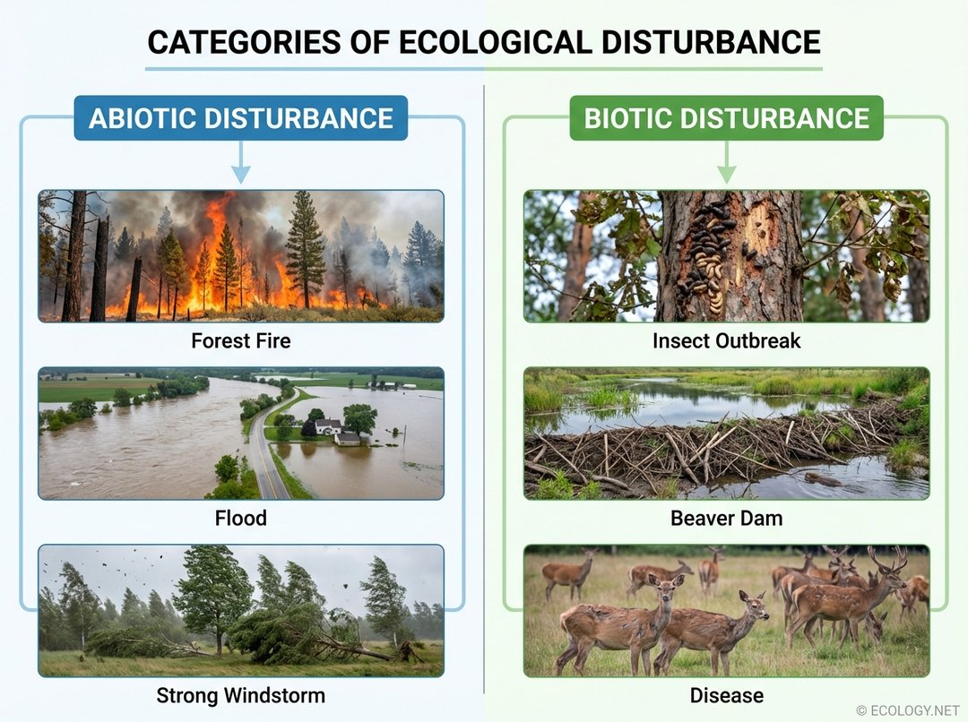 An illustrative diagram showing two main categories of ecological disturbance: Abiotic and Biotic. Abiotic examples include a forest fire, a flood, and a strong windstorm. Biotic examples include an insect outbreak, a beaver dam, and a disease affecting animals.