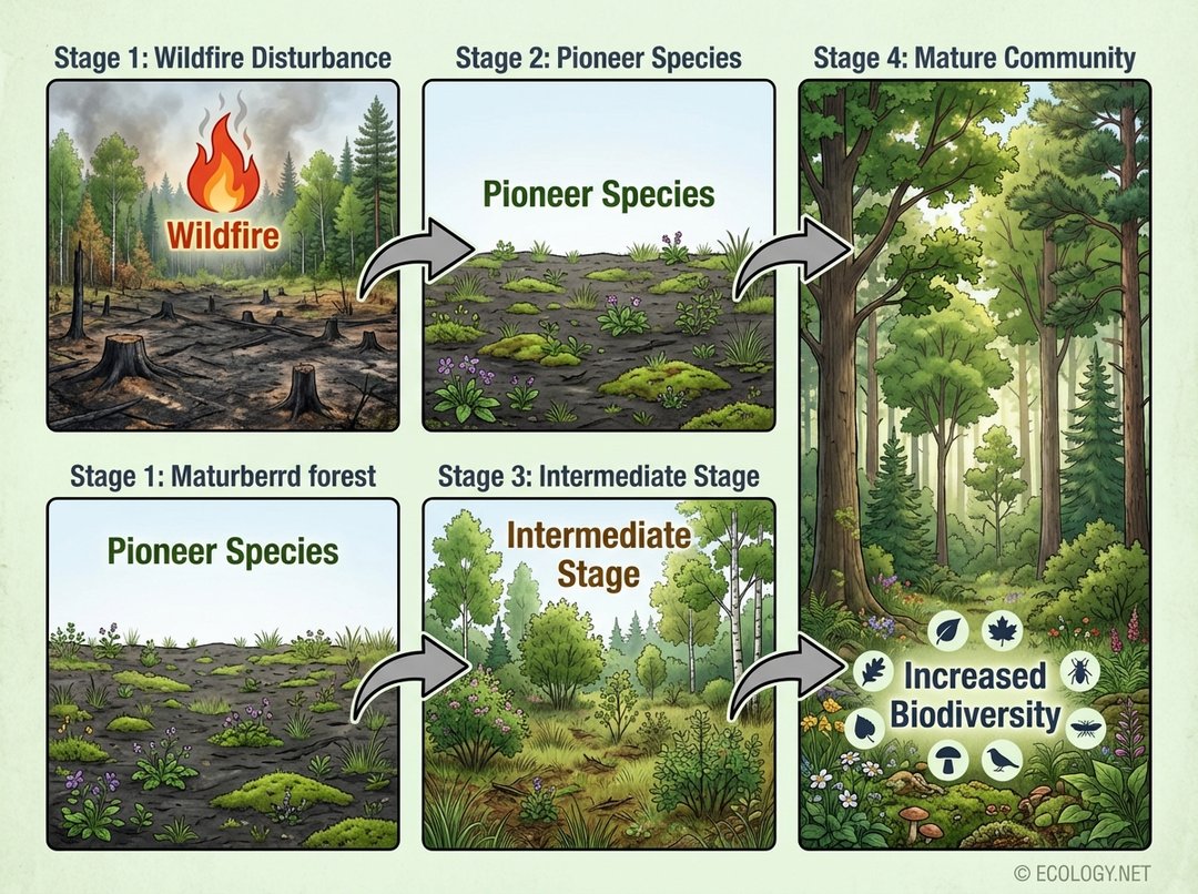 An illustrative diagram depicting ecological succession in a forest after a wildfire. Stage 1 shows a burned forest. Stage 2 shows pioneer species colonizing. Stage 3 shows an intermediate stage with shrubs and young trees. Stage 4 shows a mature, diverse forest with increased biodiversity.