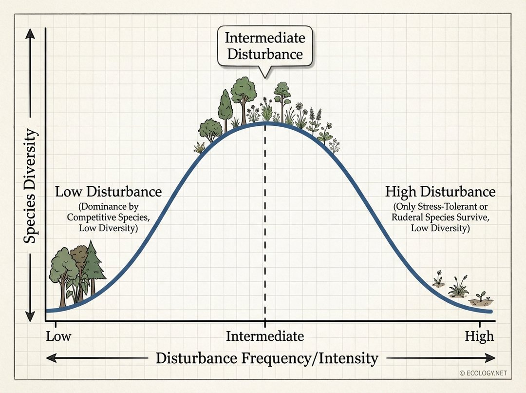A scientific graph illustrating the Intermediate Disturbance Hypothesis. The x-axis is 'Disturbance Frequency/Intensity' (Low to High), and the y-axis is 'Species Diversity'. An inverted U-shaped curve peaks at 'Intermediate Disturbance', indicating maximum species diversity.