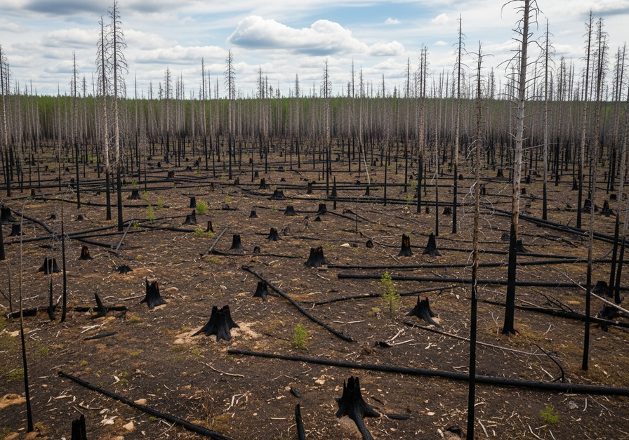 Drone shot of a boreal forest showing a mosaic of charred areas and young saplings after a wildfire.