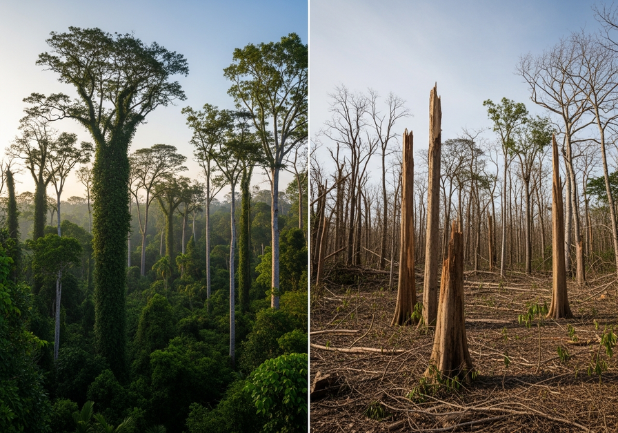 Split-screen image comparing a dense tropical rainforest before and after a hurricane, showing tree damage and new growth.