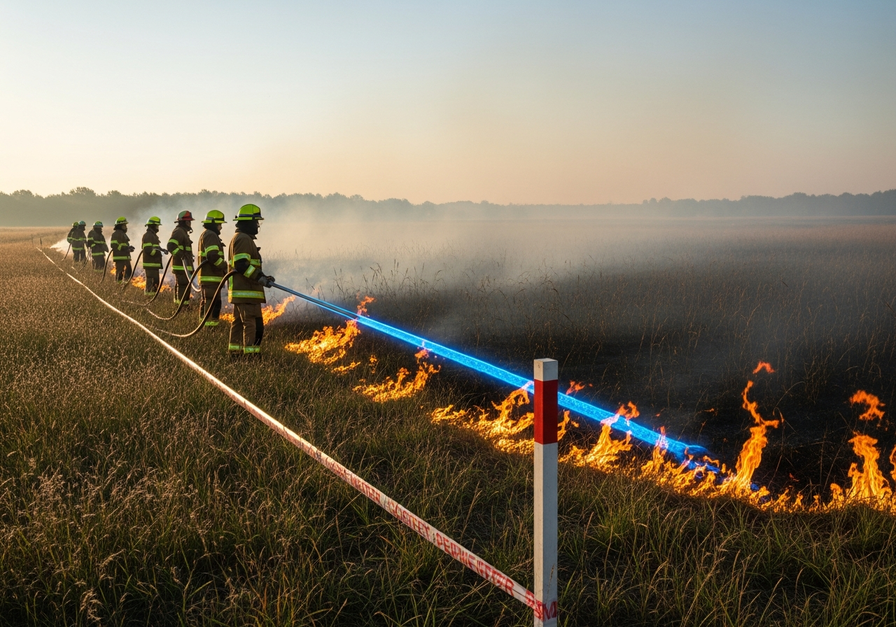 Firefighters conducting a controlled burn in a grassland at dawn, with a line of blue flames advancing.