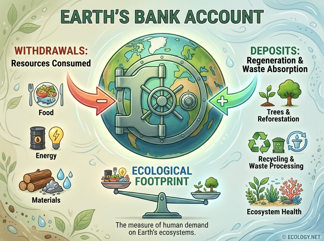 Diagram showing Earth as a bank account with resource withdrawals and regeneration deposits, illustrating the ecological footprint concept.