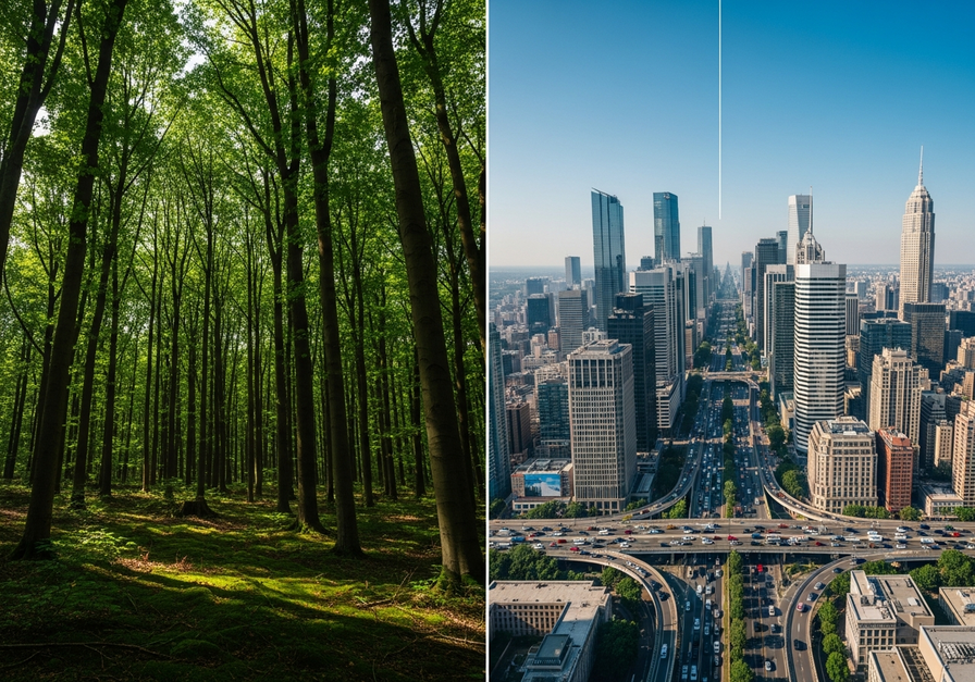 Split screen showing a dense forest on one side and a bustling city on the other, illustrating Earth's natural resources versus human development.