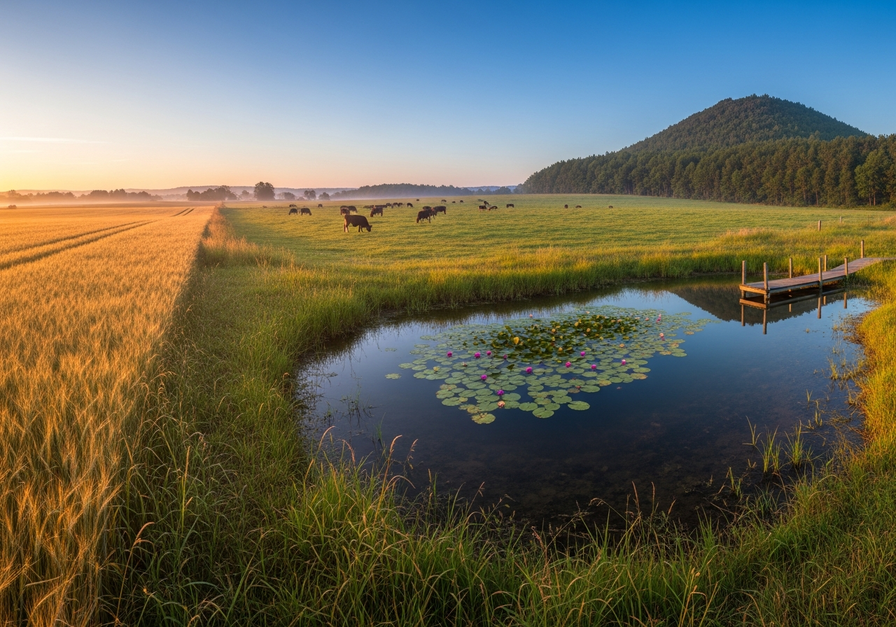 Panoramic landscape featuring a wheat field, grazing cattle, a forest, and a fish pond, representing the components of an ecological footprint.