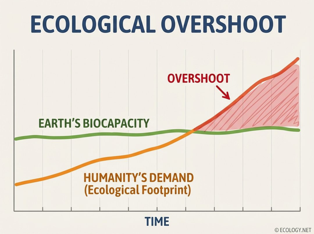 Graph illustrating ecological overshoot, where humanity's demand for resources (ecological footprint) exceeds Earth's biocapacity over time.