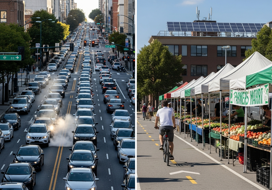 Split screen showing a congested city street on one side and a cyclist, farmers market, and solar panel on the other, illustrating sustainable choices.
