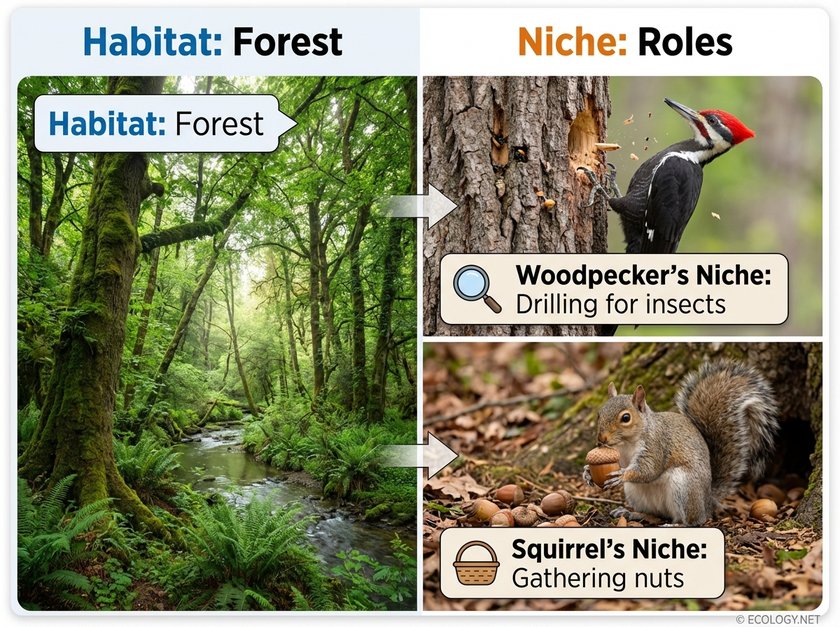 Diagram illustrating the difference between a forest habitat and the specific niches of a woodpecker and a squirrel within it.