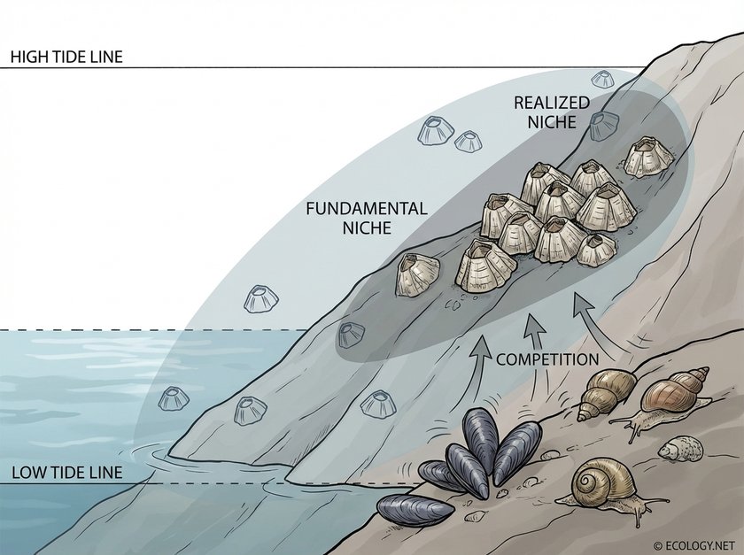 Diagram illustrating the fundamental niche (potential range) and realized niche (actual occupied range) of barnacles in an intertidal zone, showing how competition limits the realized niche.