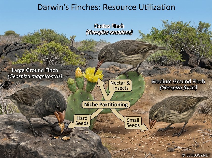 Diagram demonstrating niche partitioning among Darwin's finches, showing three finches with different beak morphologies specialized for cracking hard seeds, probing for nectar/insects, and eating small seeds.