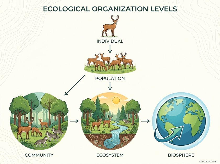 Diagram showing the hierarchical levels of ecological organization from individual deer to population, community, ecosystem, and biosphere.