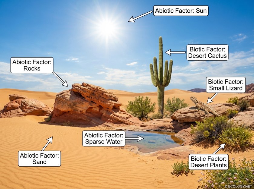 Photo-realistic image of a desert ecosystem with arrows pointing to abiotic factors like sun, sand, rocks, and biotic factors like cactus, lizard, and plants.