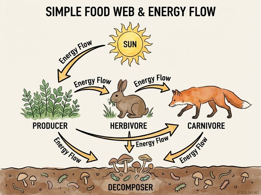 Illustrative diagram depicting a simple food web showing energy flow from the sun to producers, herbivores, carnivores, and decomposers.