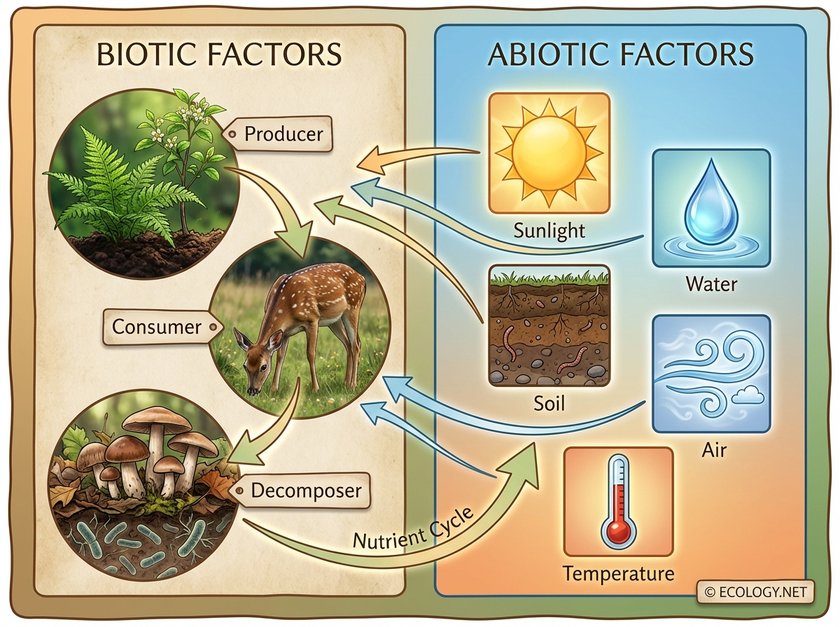 An illustrative diagram showing biotic factors like plants, deer, and mushrooms interacting with abiotic factors such as sunlight, water, and soil, defining an ecosystem's core components.