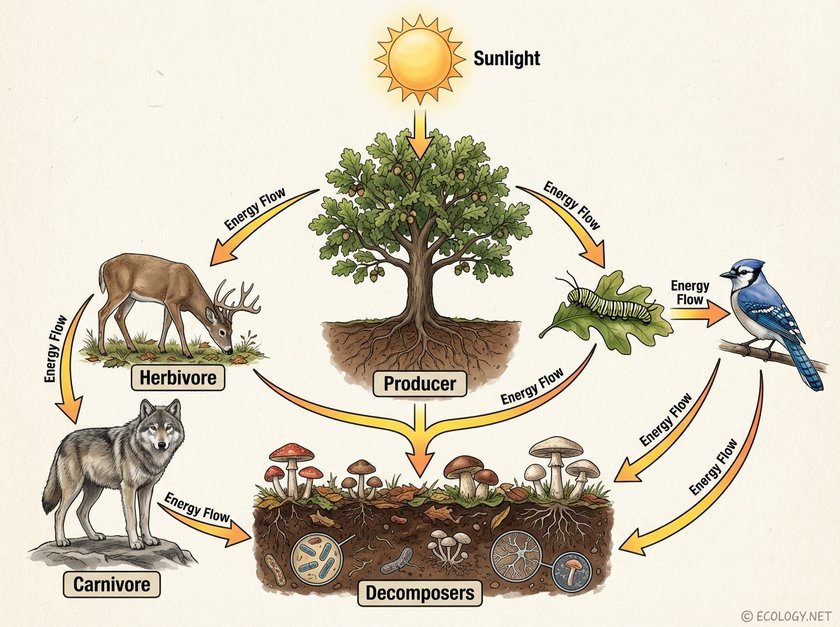 An illustrative diagram of a simplified forest food web showing energy flow from sunlight to a producer (oak tree), then to consumers like a deer and caterpillar, and finally to a bird and wolf, with decomposers recycling all dead matter.