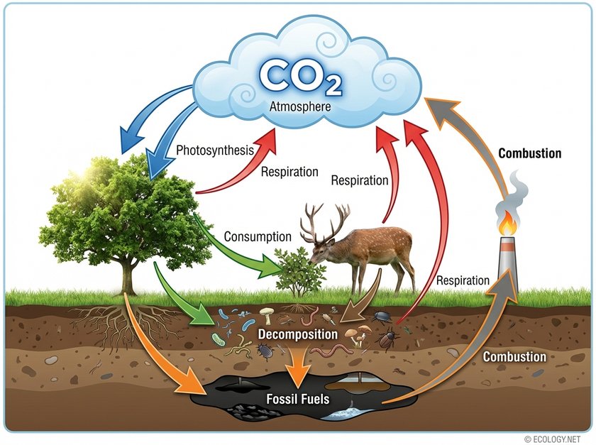 An illustrative diagram of the carbon cycle, showing carbon dioxide in the atmosphere, its uptake by plants through photosynthesis, consumption by animals, release through respiration and decomposition, and the long-term storage in fossil fuels with subsequent release via combustion.