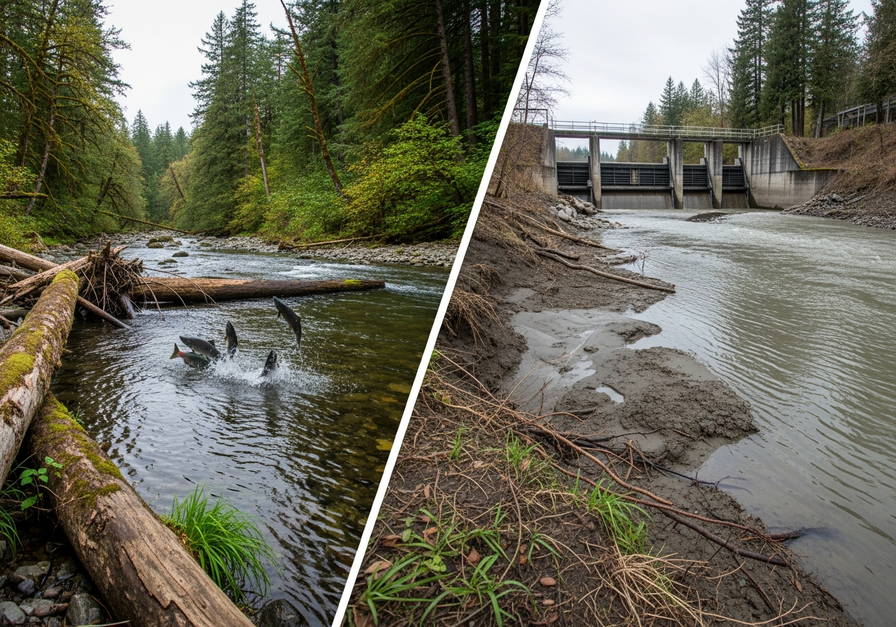 Split image showing a healthy salmon stream versus a dammed, degraded river.