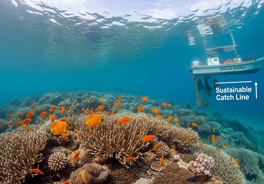 Underwater view of a vibrant coral reef with a sustainable fishing vessel nearby.