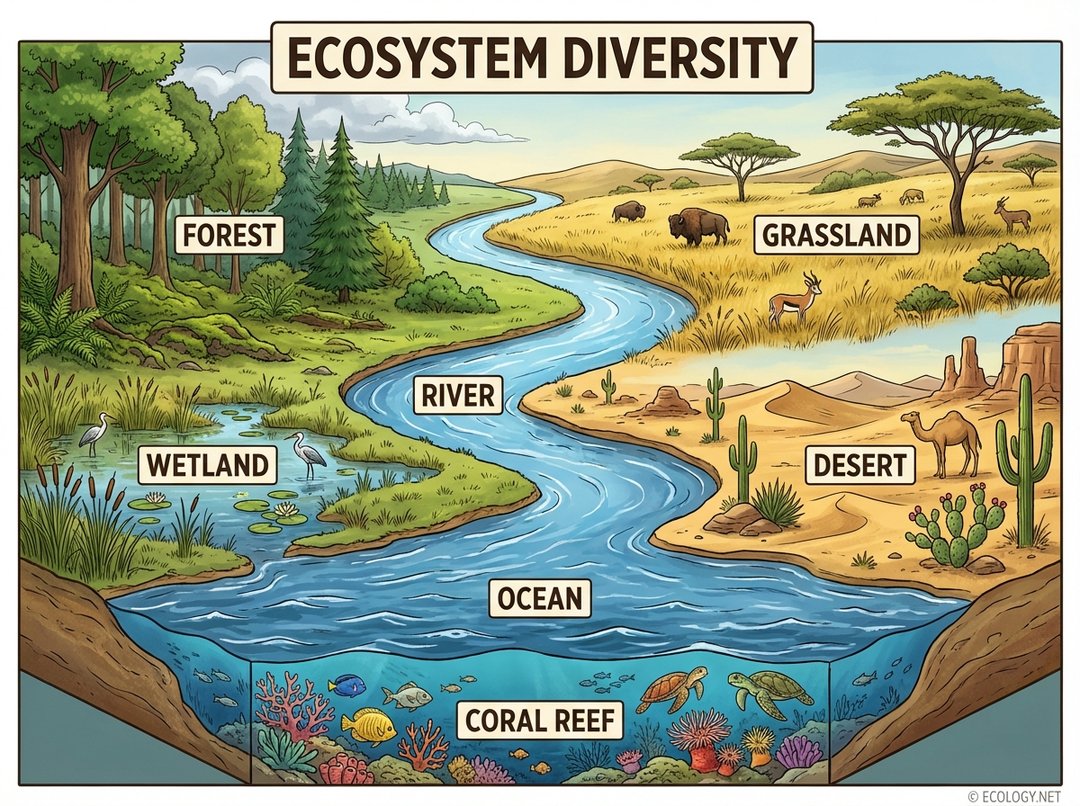 An illustrative diagram showing a diverse landscape with distinct patches labeled Forest, Grassland, River, Wetland, Desert, and Ocean with Coral Reef, representing ecosystem diversity.