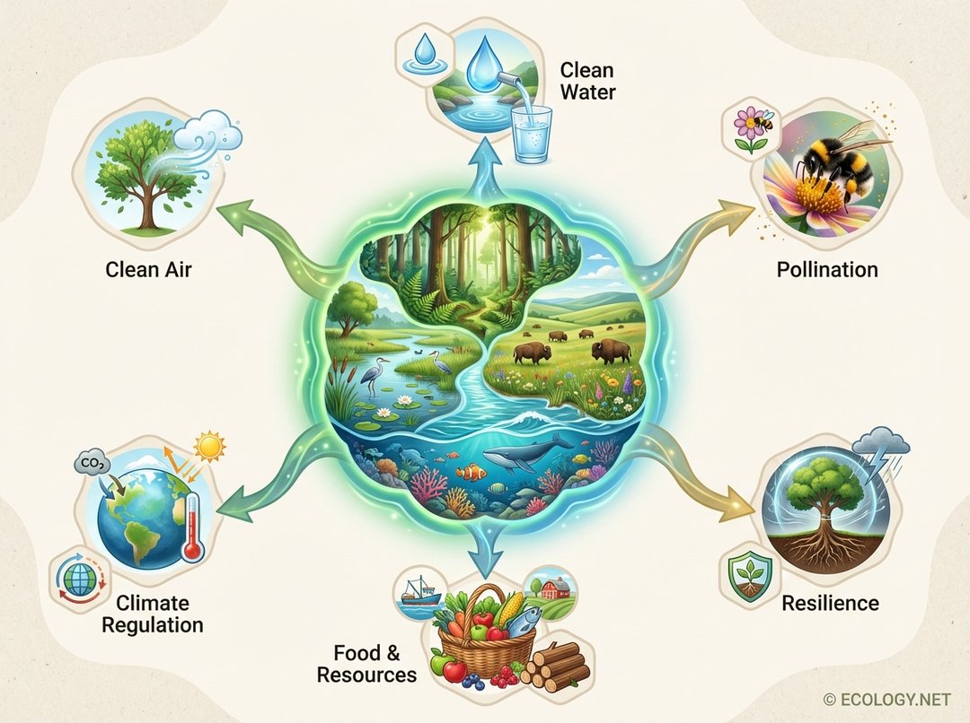 An infographic diagram illustrating benefits of diverse ecosystems, with icons for Clean Air, Clean Water, Pollination, Climate Regulation, Food & Resources, and Resilience.