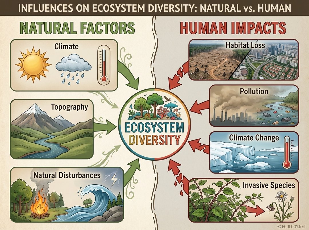 An illustrative diagram showing natural factors like Climate, Topography, and Natural Disturbances, contrasted with human impacts such as Habitat Loss, Pollution, Climate Change, and Invasive Species, influencing ecosystem diversity.