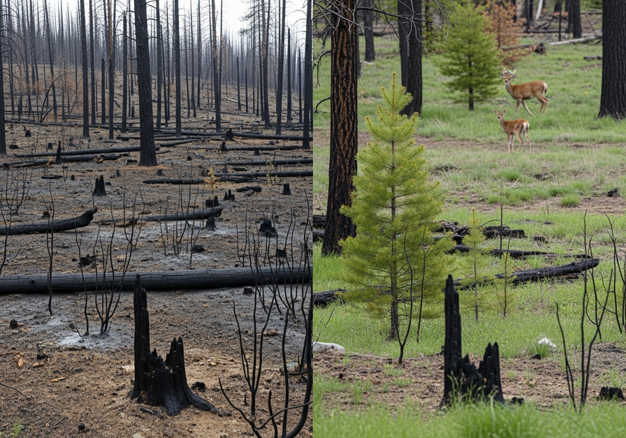 A split-screen image showing a charred forest on the left and the same area vibrant with new growth and deer on the right, illustrating post-fire forest regeneration.