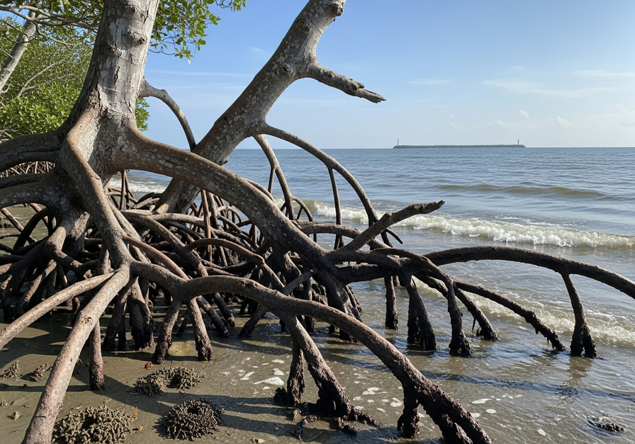 A wide-angle photo of a mangrove shoreline at low tide, showing tangled roots, some broken but still holding soil, with gentle waves and a distant lighthouse, demonstrating resilience to storm surges.
