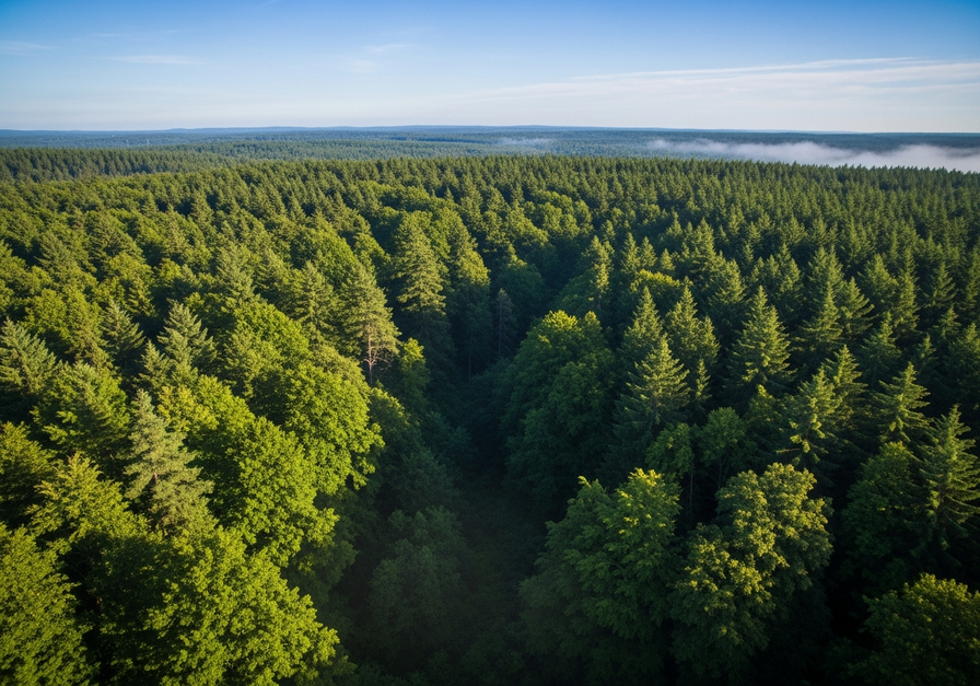 Dense temperate forest canopy from above, illustrating carbon sequestration.