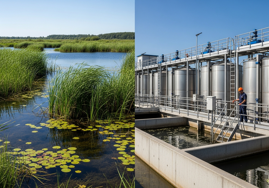 Split screen showing a natural wetland purifying water alongside an artificial treatment plant.