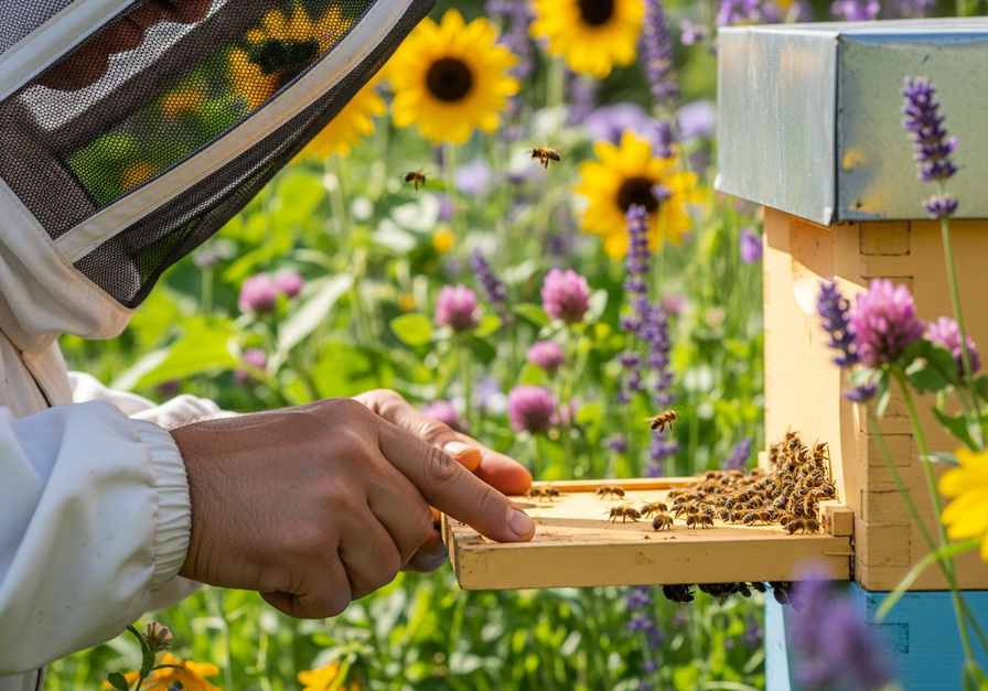 Beekeeper opening a hive in a vibrant flower garden, highlighting bee pollination.