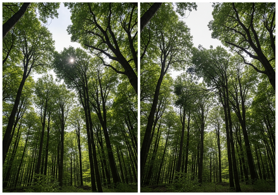 Split-screen image showing an old-growth forest canopy before and during a windstorm, illustrating resistance and rapid resilience.
