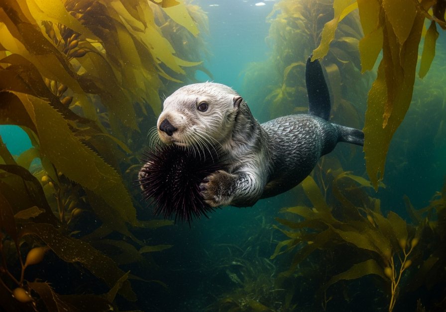 A sea otter holding a sea urchin in a lush kelp forest, demonstrating its role as a keystone species in maintaining ecosystem stability.