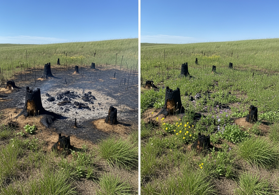 Split-screen image showing a scorched prairie immediately after a wildfire and then teeming with new green growth a day later, highlighting rapid ecosystem resilience.