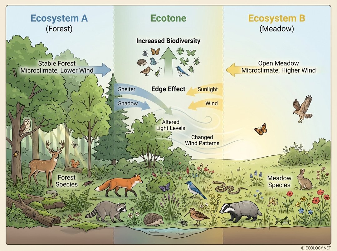 Diagram illustrating an ecotone as a transitional zone between a forest and a meadow, showing increased biodiversity and edge effect.