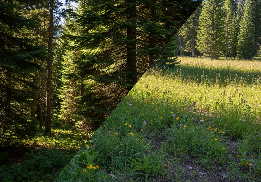 A split-screen image showing a dense conifer forest on the left transitioning into an open meadow on the right, illustrating a forest-meadow ecotone.