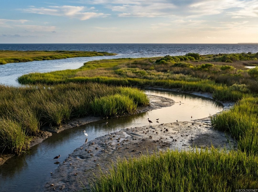 Photo-realistic image of a vibrant salt marsh ecotone, showing marsh grasses transitioning to open water with wading birds.
