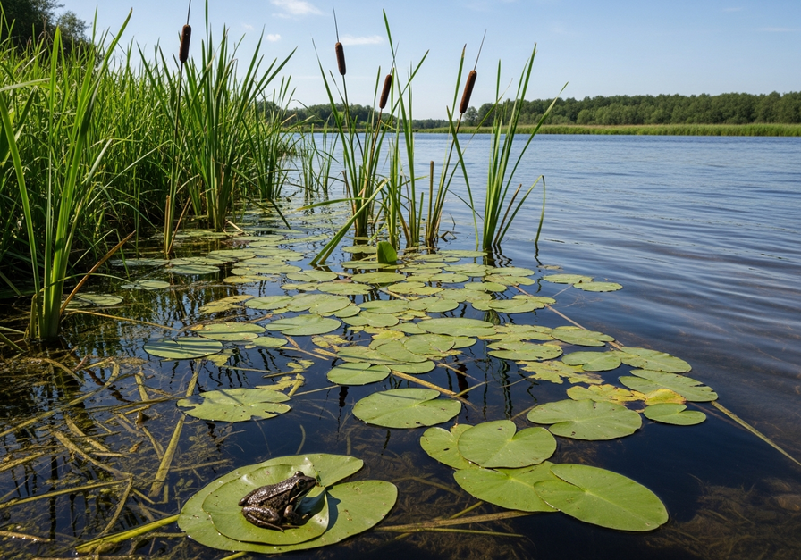 A riverbank ecotone with clear water, reeds, cattails, and a frog on a leaf, showing the transition from aquatic to terrestrial environments.