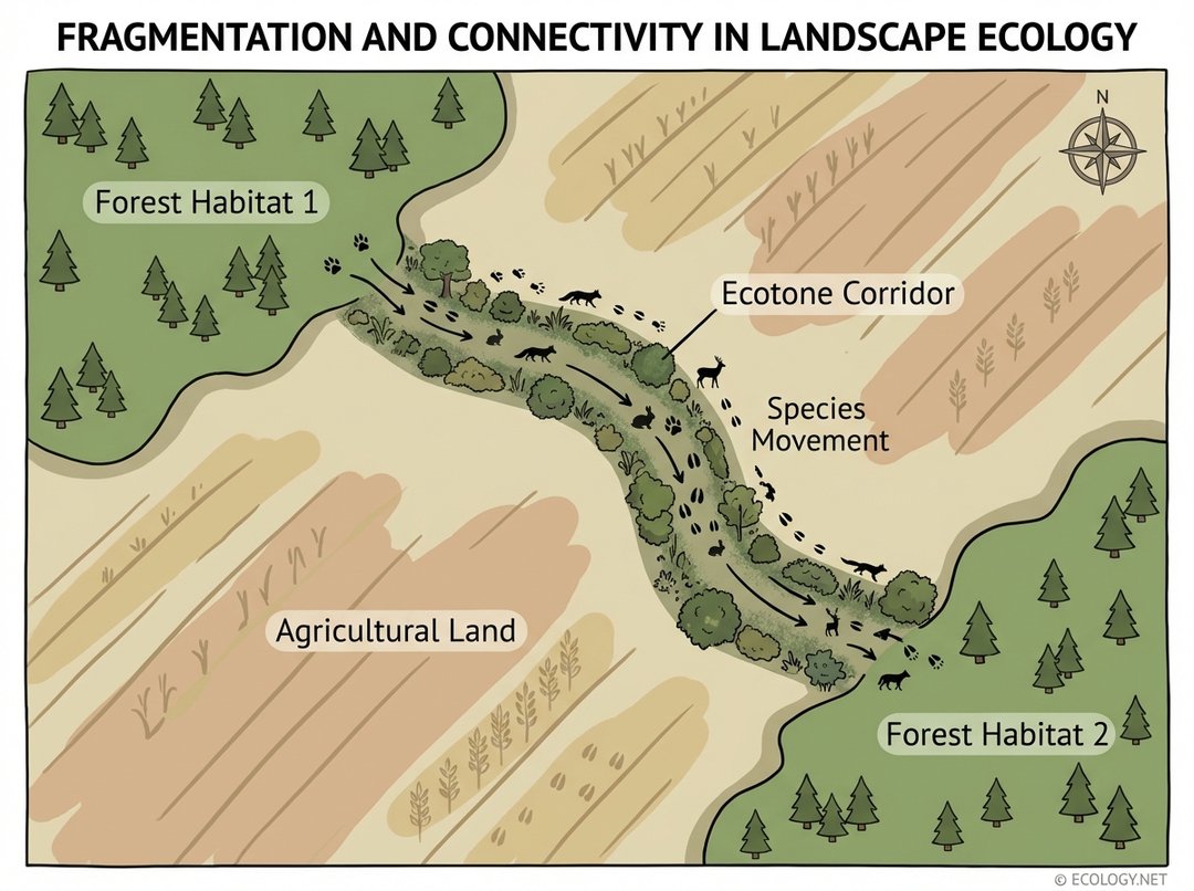 Aerial diagram showing an ecotone corridor connecting two forest habitats separated by agricultural land, illustrating species movement.
