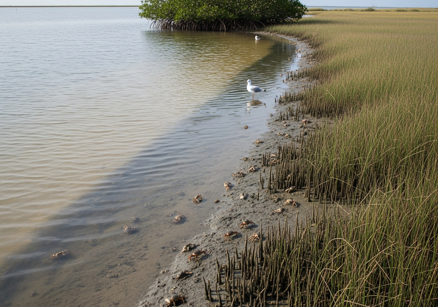 A salt marsh ecotone at low tide, featuring a shallow tide pool, salt-tolerant grasses, mangrove roots, crabs, and a gull, depicting a coastal transition zone.