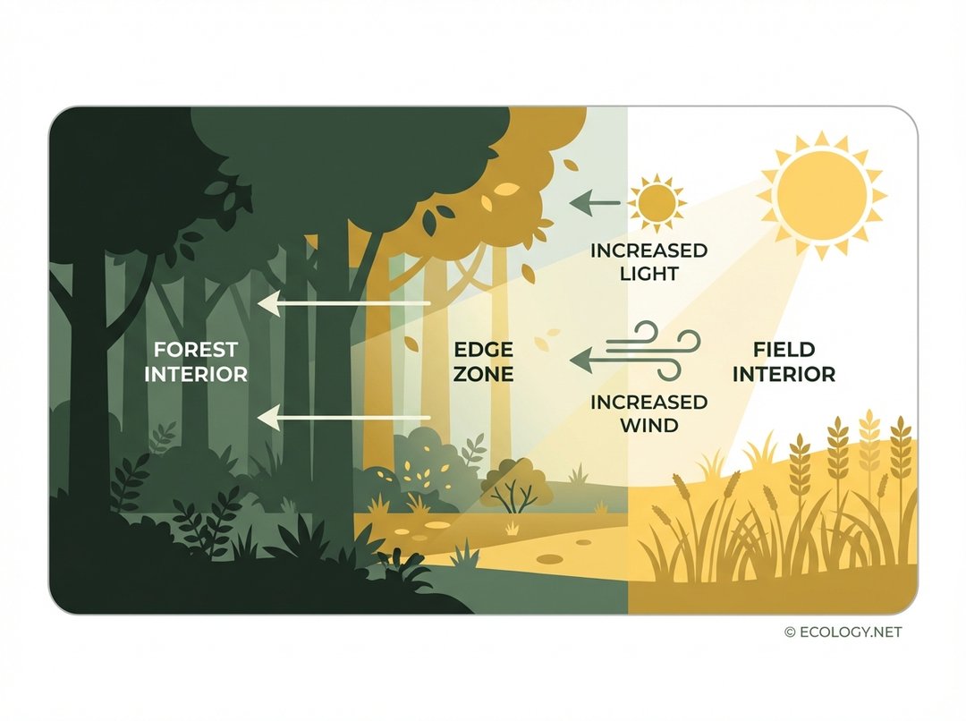Illustrative diagram defining edge effects between forest and field, showing increased light and wind at the boundary.