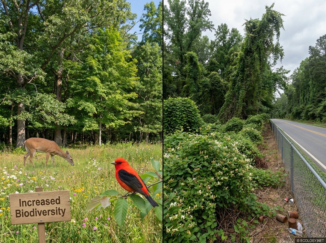 Photo-realistic image showing both beneficial (biodiversity) and detrimental (invasive species) impacts of habitat edges.