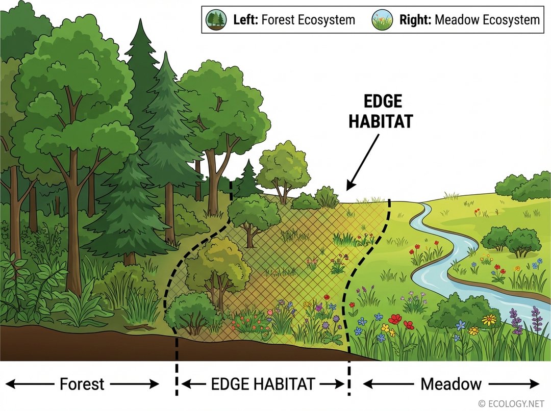 Illustrative diagram showing a clear transition zone between a dense forest and an open meadow, highlighted as 'Edge Habitat'.