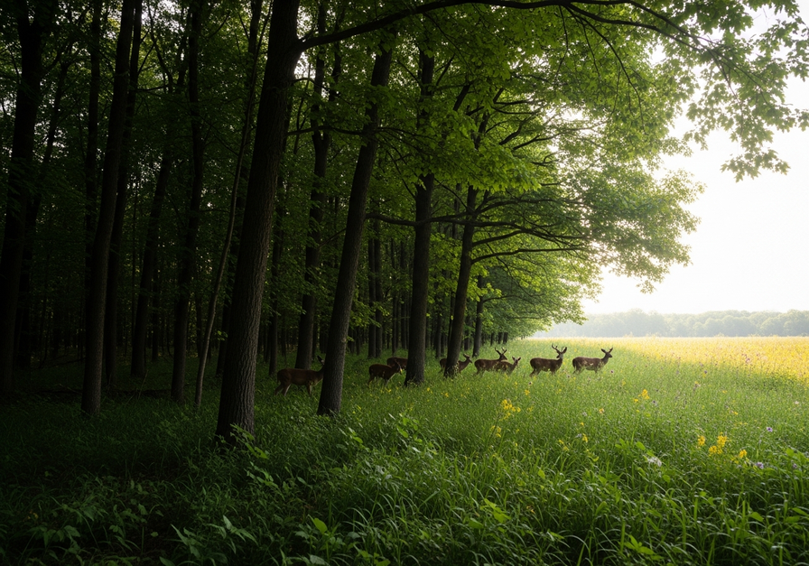 White-tailed deer grazing at the sunlit edge where a dense forest meets an open meadow.