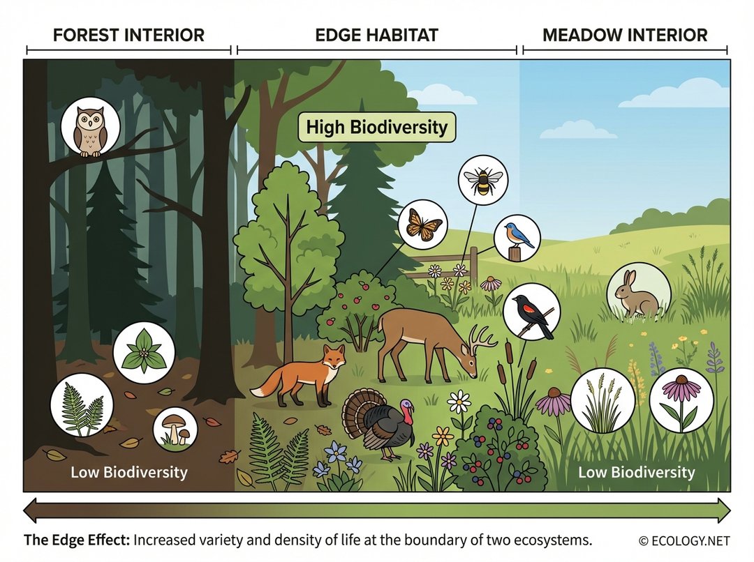 Illustrative diagram demonstrating the 'Edge Effect' with a central 'Edge Habitat' zone showing high biodiversity compared to adjacent 'Forest Interior' and 'Meadow Interior' zones.