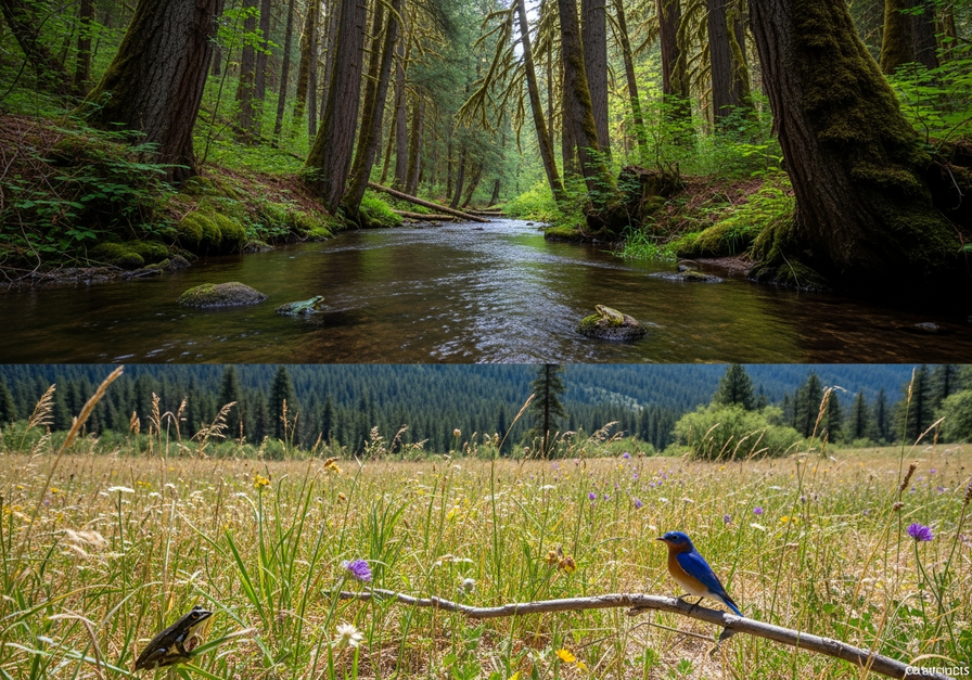 A split image showing a mossy forest by a stream and a dry meadow, with a bluebird and a frog.