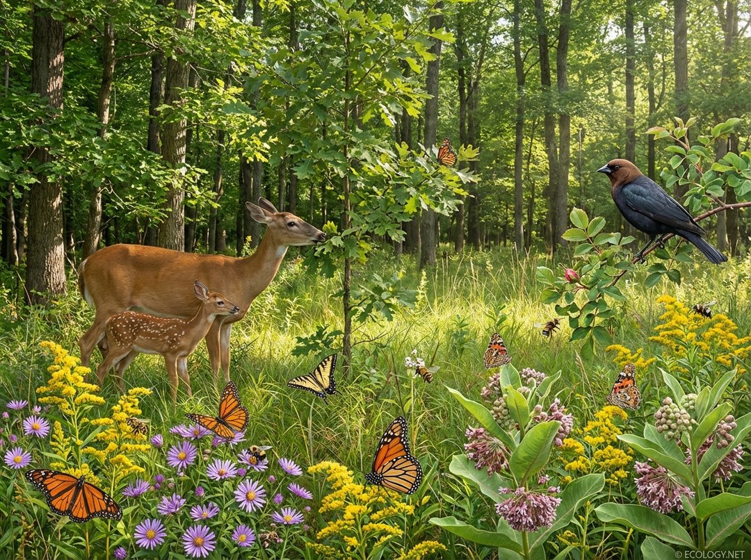 Photo-realistic image of a vibrant forest-meadow edge habitat with a White-tailed Deer, a Brown-headed Cowbird, and pollinators.